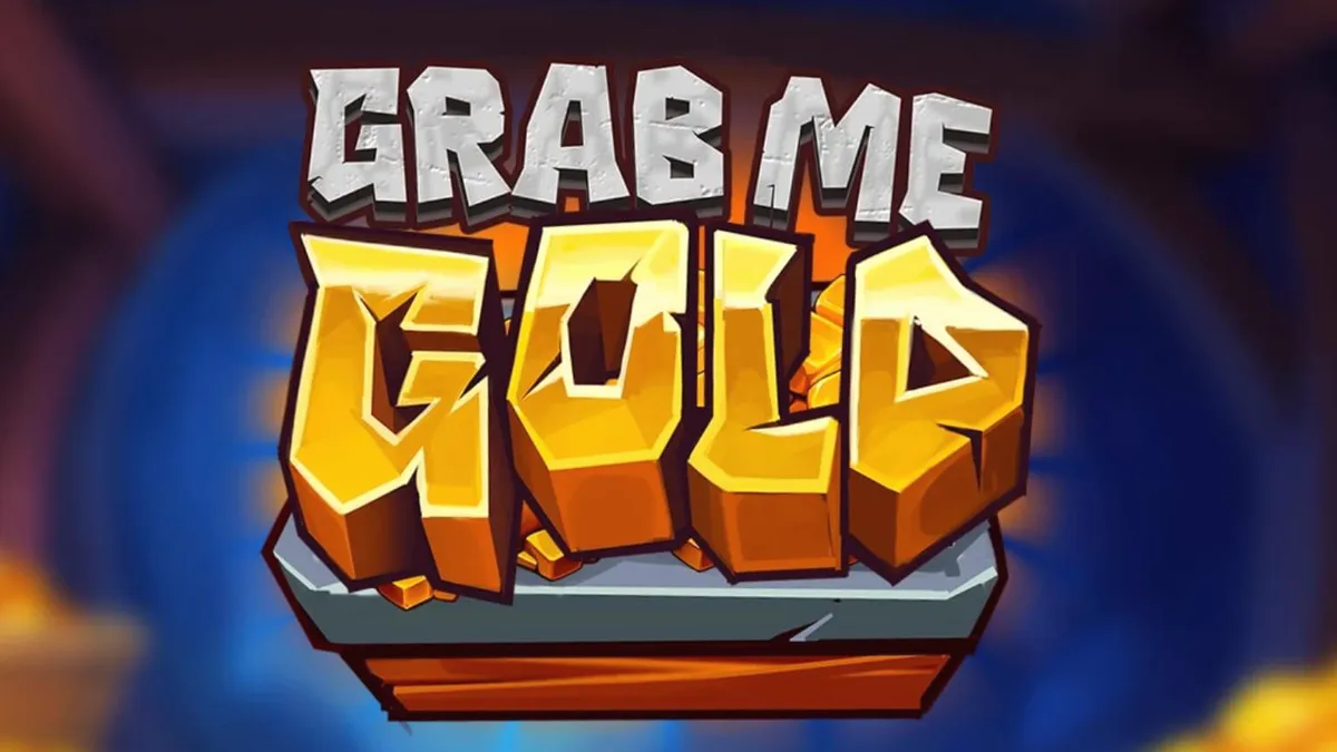 Isang mobile phone na nagpapakita ng Grab Me Gold slot game na may temang minahan.